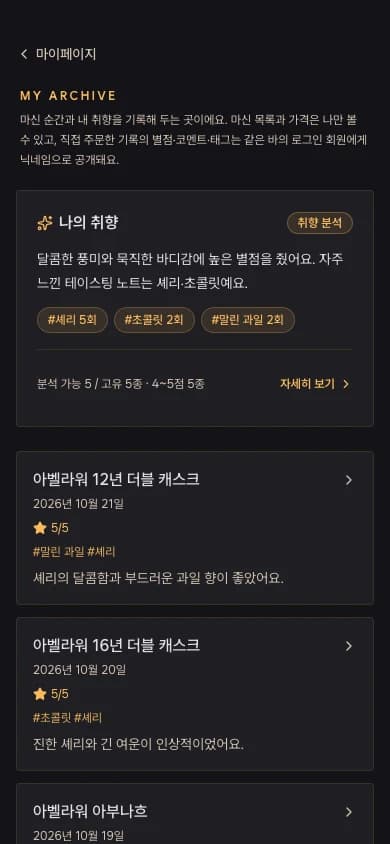 나의 위스키 아카이브 화면